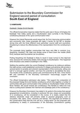 Submission to the Boundary Commission for England Second Period of Consultation: South East of England