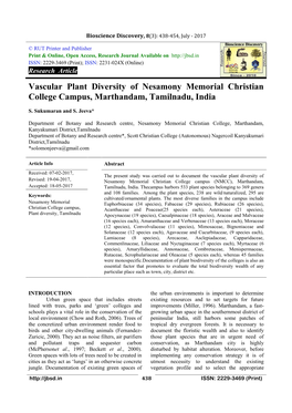 Vascular Plant Diversity of Nesamony Memorial Christian College Campus, Marthandam, Tamilnadu, India