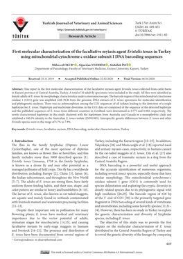 First Molecular Characterization of the Facultative Myiasis Agent Eristalis Tenax in Turkey Using Mitochondrial Cytochrome C Oxidase Subunit I DNA Barcoding Sequences