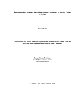 Les Représentations Des Catholiques Au Burkina Faso Et Au Sénégal
