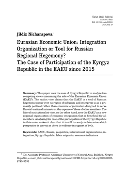 Eurasian Economic Union: Integration Organization Or Tool for Russian Regional Hegemony? the Case of Participation of the Kyrgyz Republic in the EAEU Since 2015