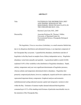 Patterns in the Distribution, Diet and Trophic Demand of the Hogchoker, Trinectes Maculatus, in the Chesapeake Bay, Usa