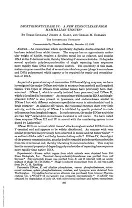 DEOXYRIBONUCLEASE IV: a NEW EXONUCLEASE from MAMMALIAN TISSUES* by TOMAS Lindahlt JOSEPH A