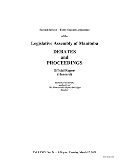 Legislative Assembly of Manitoba DEBATES and PROCEEDINGS