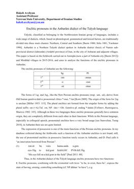 Enclitic Pronouns in the Anbarāni Dialect of the Talyshi Language