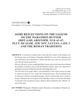 Some Reflections on the Legend of the Marathon Runner (Hdt. 6.105, Aristoph. Nub. 63–67, Plut. De Glor. Ath. 347C, Lucian. Laps