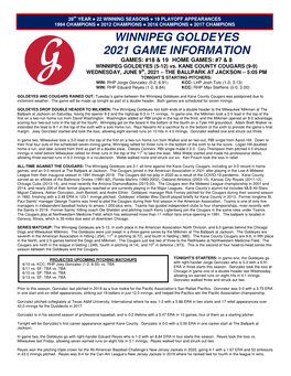 WINNIPEG GOLDEYES 2021 GAME INFORMATION GAMES: #18 & 19 HOME GAMES: #7 & 8 WINNIPEG GOLDEYES (5-12) Vs