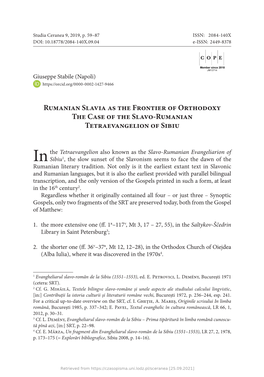 Rumanian Slavia As the Frontier of Orthodoxy the Case of the Slavo-Rumanian Tetraevangelion of Sibiu