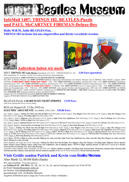 Infomail 1407: THINGS 182, BEATLES-Puzzle Und PAUL Mccartney FIREMAN-Deluxe-Box