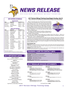 2017 Verizon Vikings Training Camp Begins Sunday, July 23