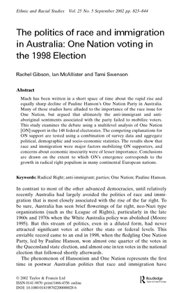 The Politics of Race and Immigration in Australia: One Nation Voting in the 1998 Election