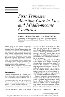 First Trimester Abortion Care in Low and Middle-Income Countries