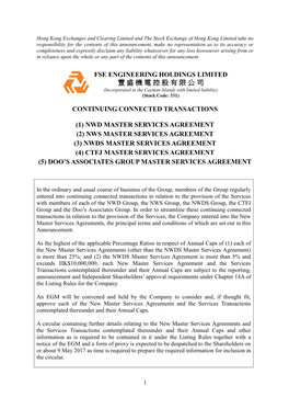 Fse Engineering Holdings Limited 豐盛機電控股有限公司 Continuing Connected Transactions (1) Nwd Master Services Agreem