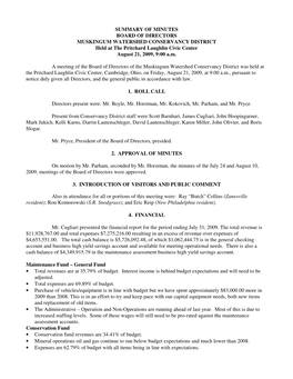 SUMMARY of MINUTES BOARD of DIRECTORS MUSKINGUM WATERSHED CONSERVANCY DISTRICT Held at the Pritchard Laughlin Civic Center August 21, 2009, 9:00 A.M