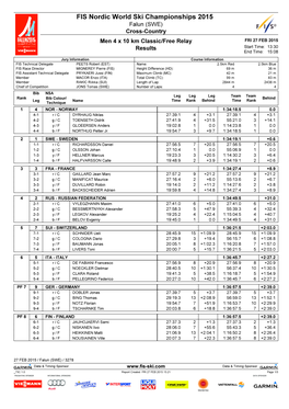 FIS Nordic World Ski Championships 2015 Falun (SWE) Cross-Country Men 4 X 10 Km Classic/Free Relay FRI 27 FEB 2015 Start Time: 13:30 Results End Time: 15:08