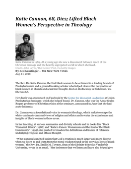 Katie Cannon, 68, Dies; Lifted Black Women’S Perspective in Theology