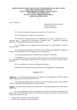 Arrete Portant Reglementation Temporaire De La Circulation Sur La Rd 44 Du Pr 0+000 Au Pr 9+967 Sur Le Territoire Des Communes D