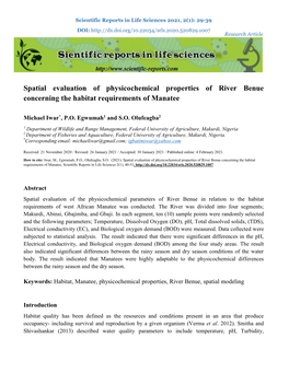 Spatial Evaluation of Physicochemical Properties of River Benue Concerning the Habitat Requirements of Manatee