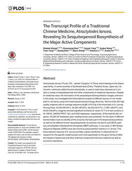 The Transcript Profile of a Traditional Chinese Medicine, Atractylodes Lancea, Revealing Its Sesquiterpenoid Biosynthesis of the Major Active Components