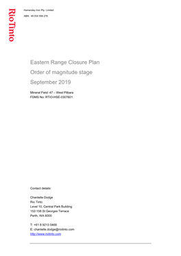 Eastern Range Closure Plan Order of Magnitude Stage September 2019