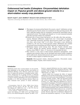 Cottonwood Leaf Beetle (Coleoptera: Chrysomelidae) Defoliation Impact on Populus Growth and Above-Ground Volume in a Short-Rotation Woody Crop Plantation