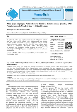 Cobitis Turcica (Hanko, 1925) Populasyonunda Yaş, Büyüme Ve Ölüm Oranları