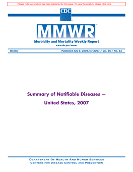 MMWR Summary of Notifiable Diseases 2007