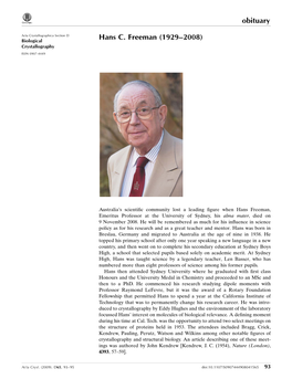 Hans C. Freeman (1929–2008) Crystallography ISSN 0907-4449