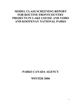 Model Class Screening Report for Routine Frontcountry Projects in Lake Louise and Yoho and Kootenay National Parks