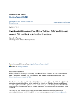 Investing in Citizenship: Free Men of Color of Color and the Case Against Citizens Bank ~ Antebellum Louisiana