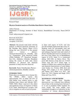 Research Paper Physico-Chemical Analysis of Parichha Dam District