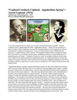 Copland Conducts Copland: Appalachian Spring”-- Aaron Copland (1974) Added to the National Registry: 2013 Essay by Michael Boriskin (Guest Post)*