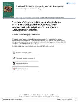Revision of the Genera Nemotha Wood-Mason, 1884 and Tricondylomimus Chopard, 1930 Stat