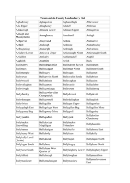 Londonderry Townlands Geographical Index Table