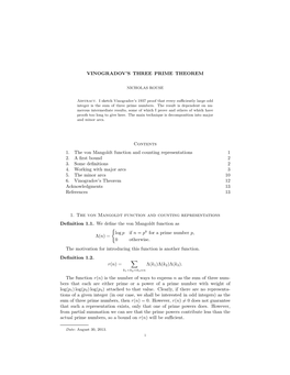 VINOGRADOV's THREE PRIME THEOREM Contents 1. the Von