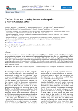 The Suez Canal As a Revolving Door for Marine Species: a Reply to Galil Et Al