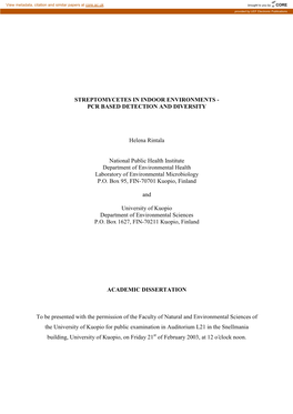 Streptomycetes in Indoor Environments - Pcr Based Detection and Diversity