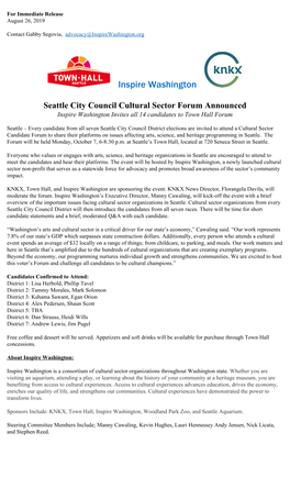 Seattle City Council Cultural Sector Forum Announced Inspire Washington Invites All 14 Candidates to Town Hall Forum