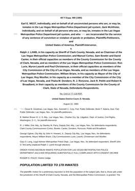 Order Fixing Maximum Inmate Population for Las Vegas Metropolitan Police Department Jails and Requiring Substantially Full Compliance with Consent Decree