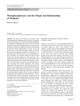 Monoplacophorans and the Origin and Relationships of Mollusks