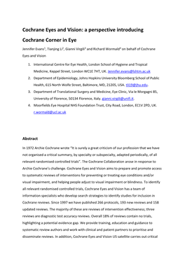 Cochrane Eyes and Vision: a Perspective Introducing Cochrane Corner in Eye