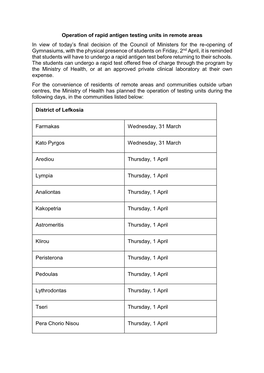 Operation of Rapid Antigen Testing Units in Remote Areas