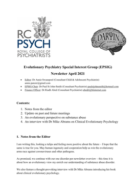 Evolutionary Psychiatry Special Interest Group (EPSIG) Newsletter April 2021