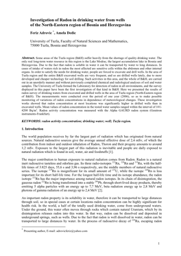 Investigation of Radon in Drinking Water from Wells of the North-Eastern Region of Bosnia and Herzegovina