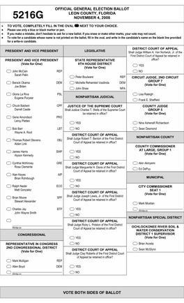 Vote Both Sides of Ballot Official General Election Ballot Leon County, Florida November 4, 2008