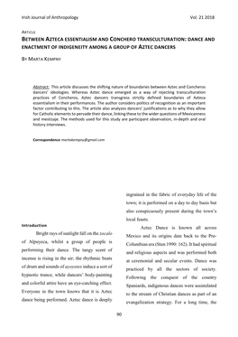 Between Azteca Essentialism and Conchero Transculturation: Dance and Enactment of Indigeneity Among a Group of Aztec Dancers