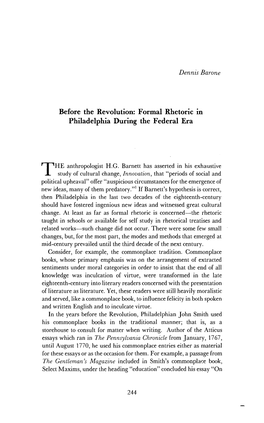 Before the Revolution: Formal Rhetoric in Philadelphia During the Federal Era