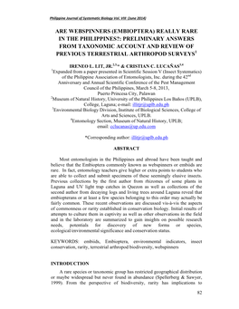 Are Webspinners (Embioptera) Really Rare in the Philippines?: Preliminary Answers from Taxonomic Account and Review of Previous Terrestrial Arthropod Surveys 1