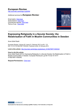 European Review Expressing Religiosity in a Secular Society