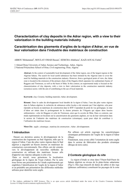 Characterization of Clay Deposits in the Adrar Region, with a View to Their Valorization in the Building Materials Industry